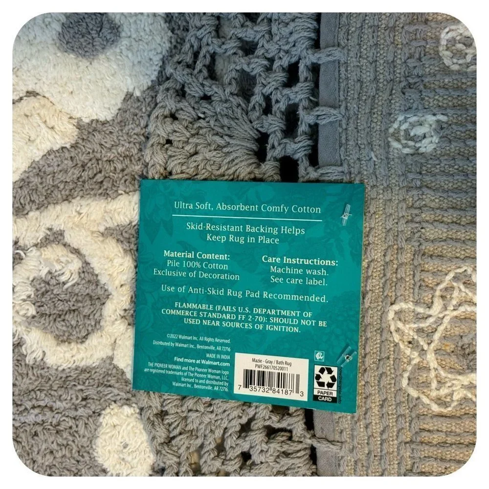 NWT Pioneer Woman Mazie Two-Color Floral Crochet Soft Silver Bath Rug 20